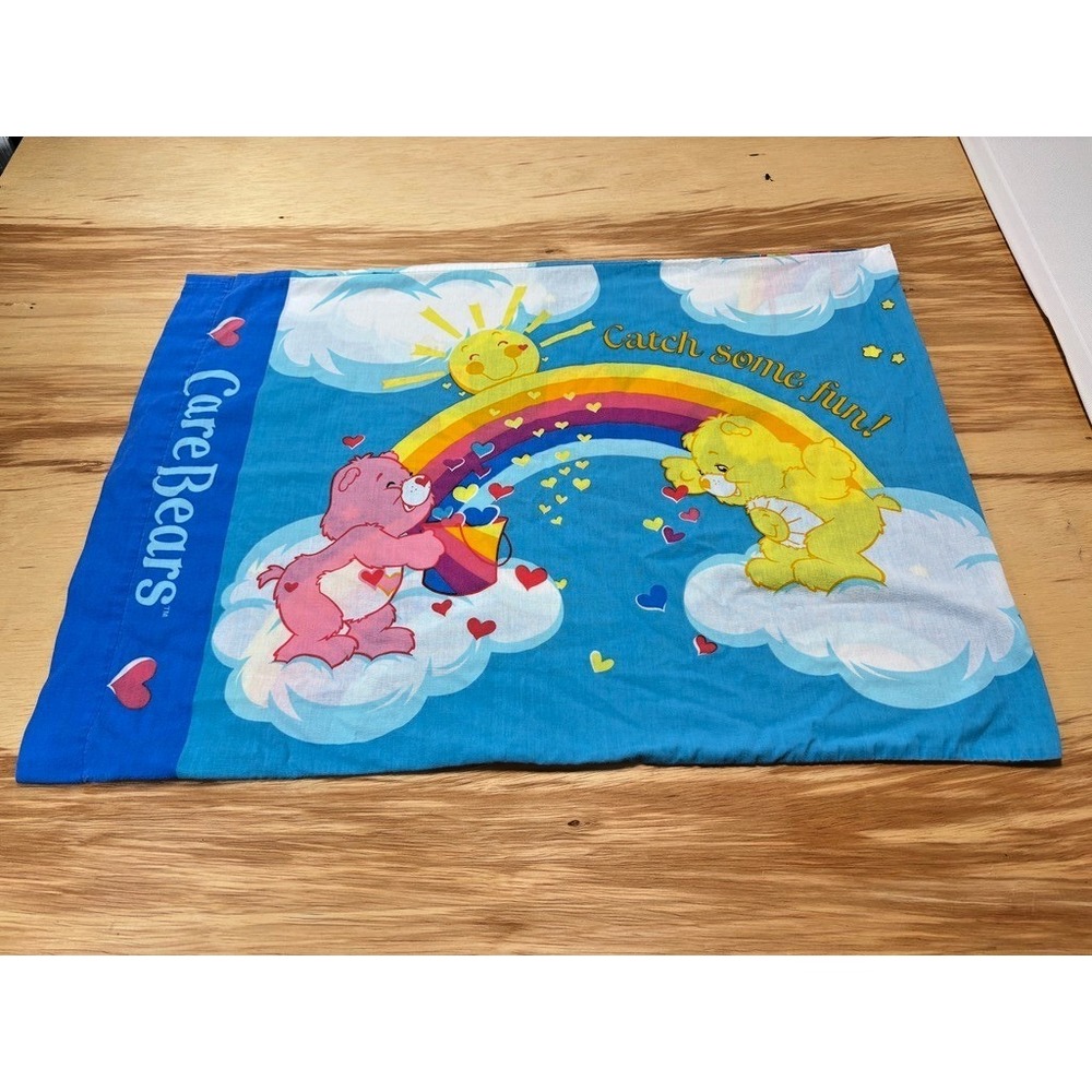 Care Bears Vintage Standard Pillowcase Rainbow Hearts Blue Cartoon Retro Bedding